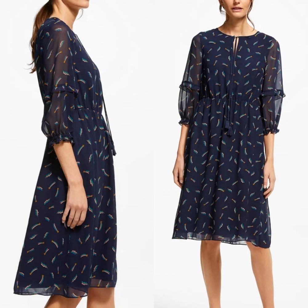 Boden Navy Midi Dress with Multicolor Feather Print